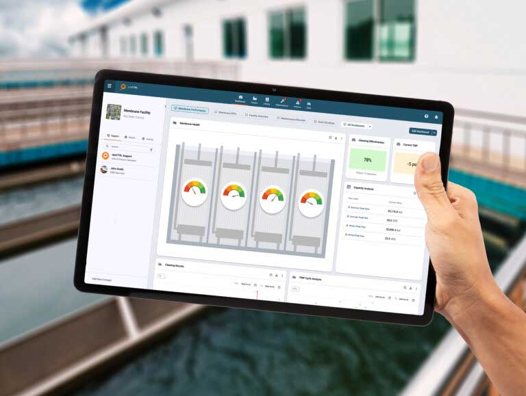 Handheld tablet displaying meters for various water facilities.